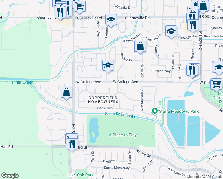 map of restaurants, bars, coffee shops, grocery stores, and more near 2420 West College Avenue in Santa Rosa