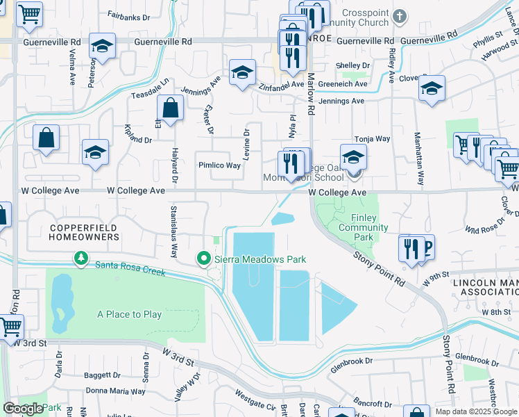 map of restaurants, bars, coffee shops, grocery stores, and more near 2150 West College Avenue in Santa Rosa