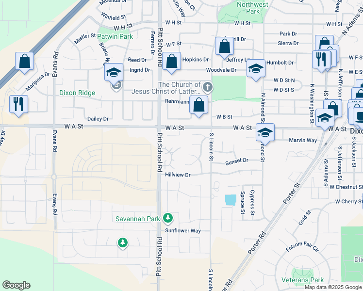 map of restaurants, bars, coffee shops, grocery stores, and more near 1250 Redwood Court in Dixon