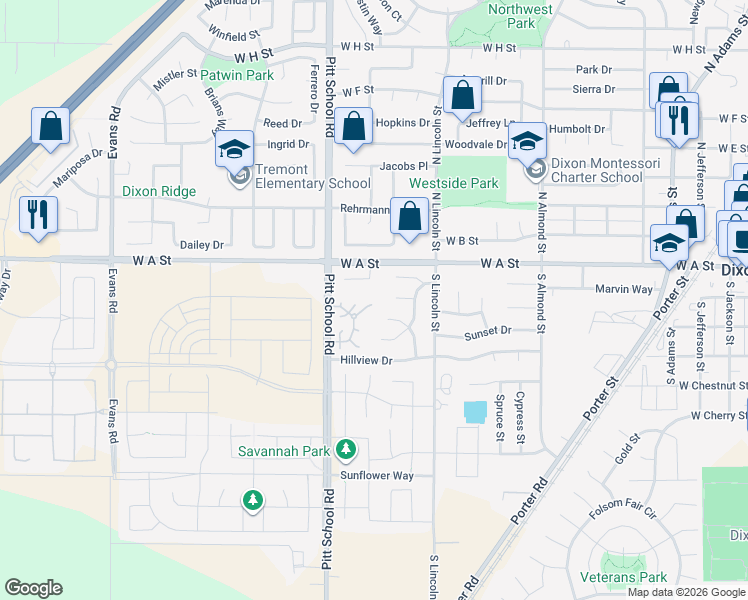map of restaurants, bars, coffee shops, grocery stores, and more near 1250 Redwood Court in Dixon