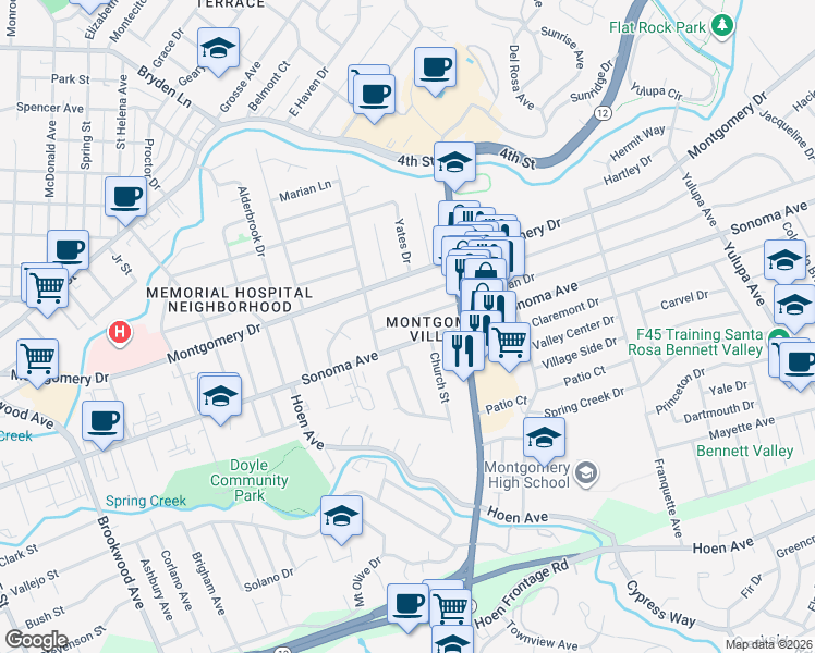 map of restaurants, bars, coffee shops, grocery stores, and more near 2102 Magowan Drive in Santa Rosa