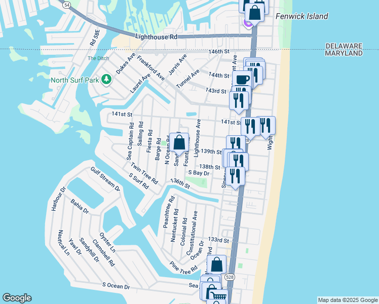 map of restaurants, bars, coffee shops, grocery stores, and more near 315 139th Street in Ocean City