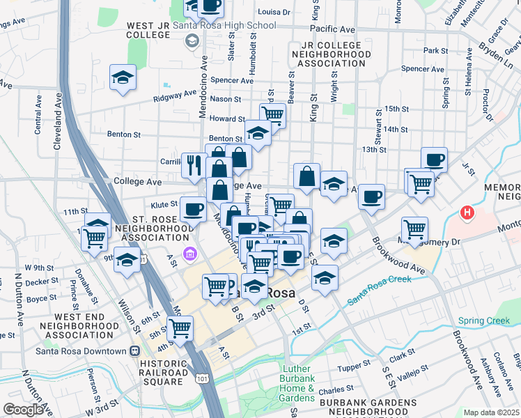 map of restaurants, bars, coffee shops, grocery stores, and more near 720 Cherry Street in Santa Rosa