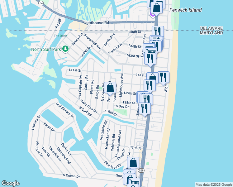 map of restaurants, bars, coffee shops, grocery stores, and more near 315 139th Street in Ocean City