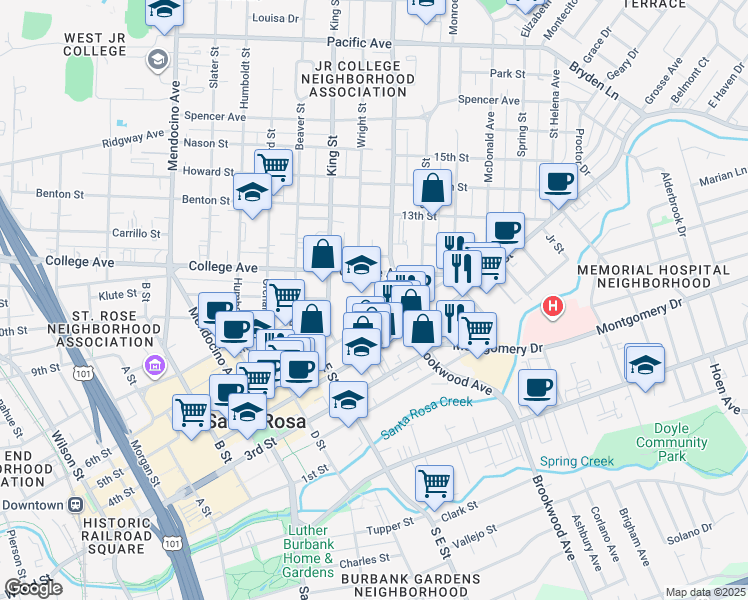 map of restaurants, bars, coffee shops, grocery stores, and more near 500 E Street in Santa Rosa