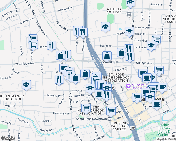 map of restaurants, bars, coffee shops, grocery stores, and more near 131 Lincoln Street in Santa Rosa
