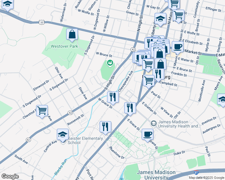 map of restaurants, bars, coffee shops, grocery stores, and more near 382 Old S High Street in Harrisonburg