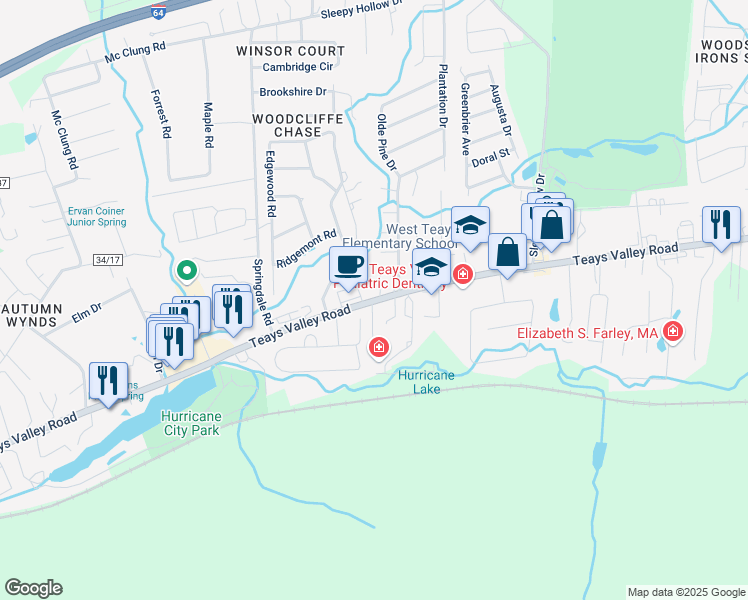 map of restaurants, bars, coffee shops, grocery stores, and more near 3600 Teays Valley Road in Hurricane