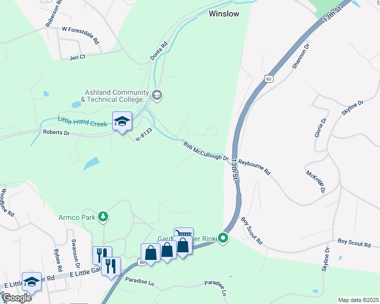 map of restaurants, bars, coffee shops, grocery stores, and more near 1104 Bob McCullough Drive in Ashland