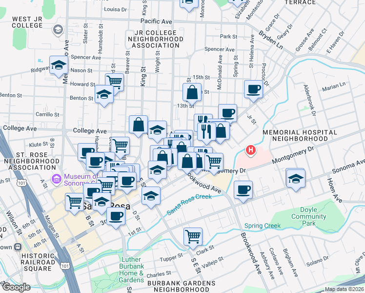 map of restaurants, bars, coffee shops, grocery stores, and more near 1381 5th Street in Santa Rosa