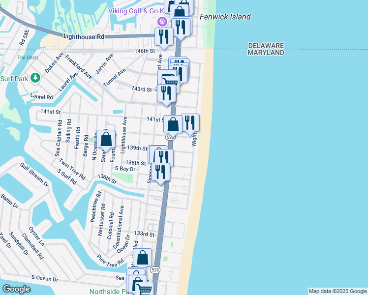 map of restaurants, bars, coffee shops, grocery stores, and more near 10 139th Street in Ocean City