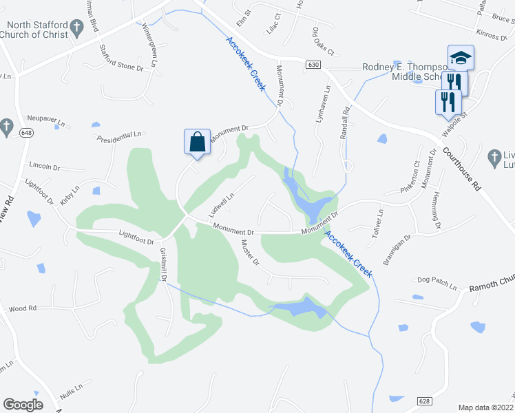 map of restaurants, bars, coffee shops, grocery stores, and more near 6 Bullrush Court in Stafford