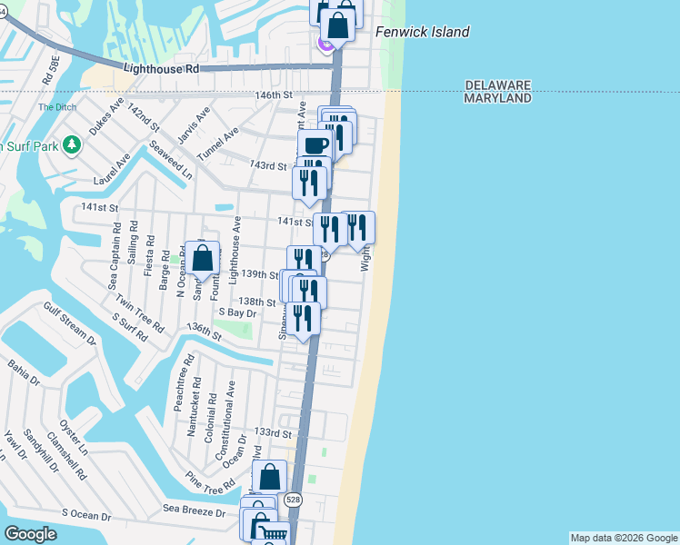 map of restaurants, bars, coffee shops, grocery stores, and more near 13902 Coastal Highway in Ocean City