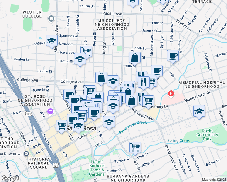 map of restaurants, bars, coffee shops, grocery stores, and more near 500 E Street in Santa Rosa