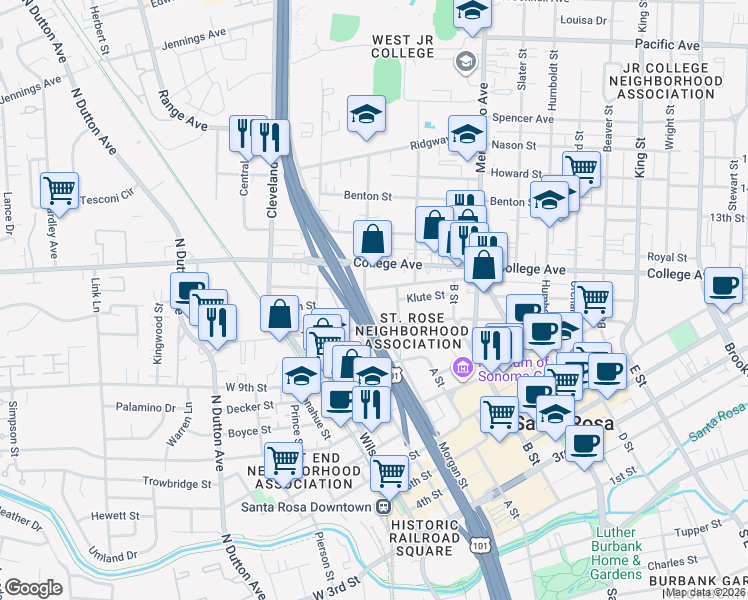 map of restaurants, bars, coffee shops, grocery stores, and more near 301 Lincoln Street in Santa Rosa