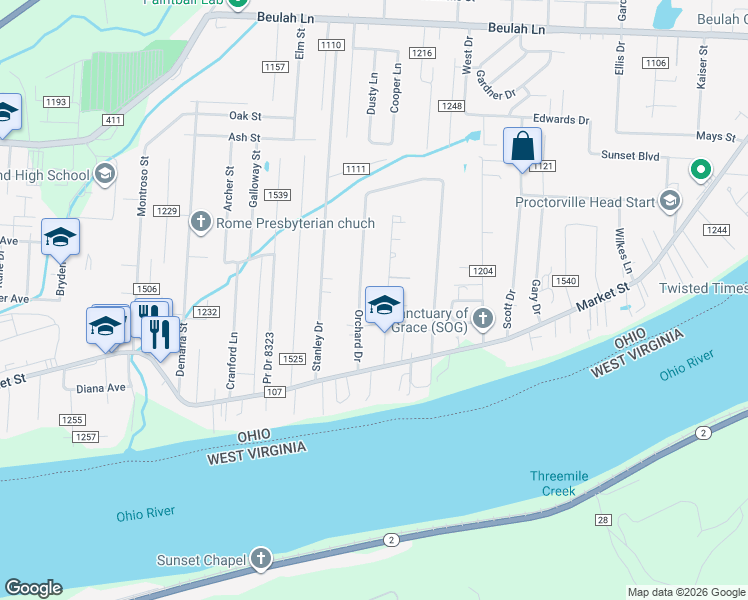 map of restaurants, bars, coffee shops, grocery stores, and more near 194 Orchard Drive in Proctorville
