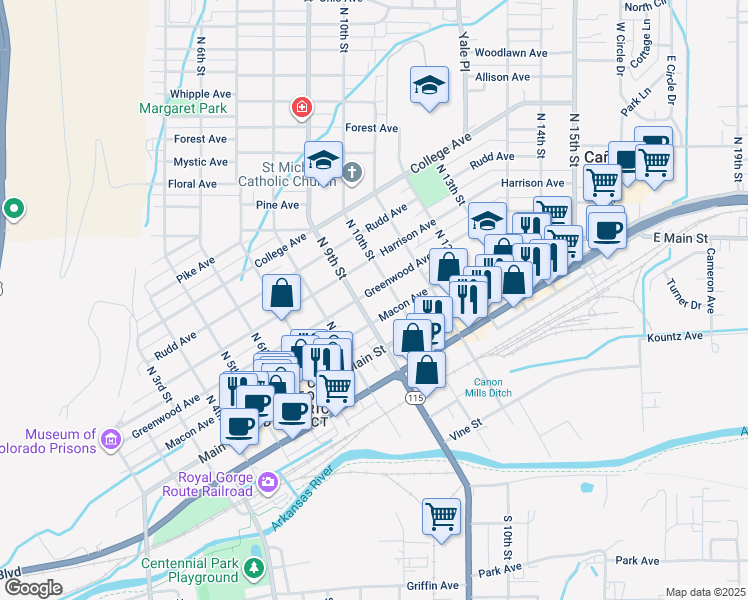 map of restaurants, bars, coffee shops, grocery stores, and more near 930 Greenwood Avenue in Cañon City