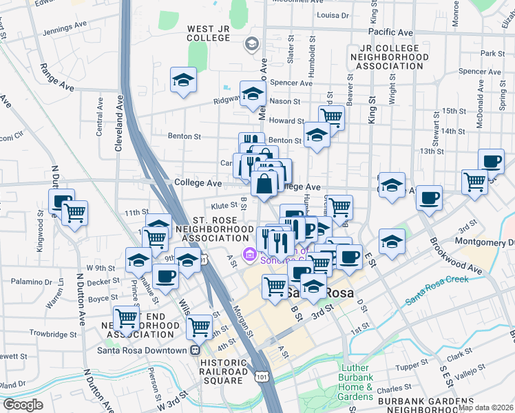 map of restaurants, bars, coffee shops, grocery stores, and more near 631 Healdsburg Avenue in Santa Rosa