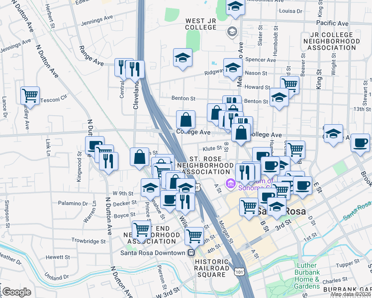 map of restaurants, bars, coffee shops, grocery stores, and more near 301 Lincoln Street in Santa Rosa