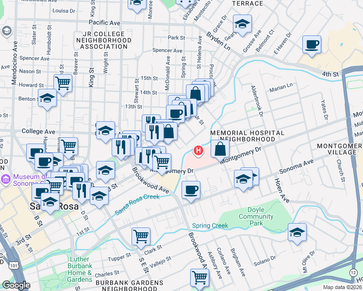 map of restaurants, bars, coffee shops, grocery stores, and more near 117 Leland Street in Santa Rosa