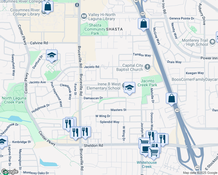 map of restaurants, bars, coffee shops, grocery stores, and more near 7563 Shelby Street in Elk Grove