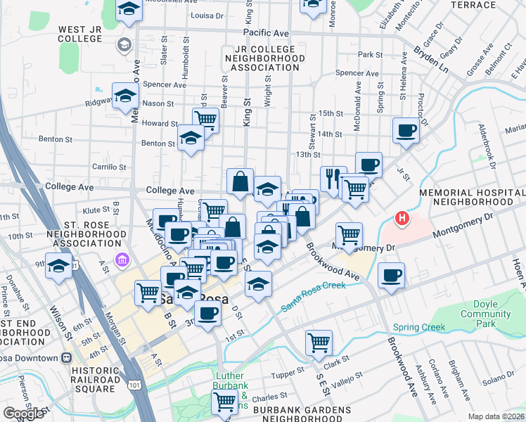map of restaurants, bars, coffee shops, grocery stores, and more near 874 E Street in Santa Rosa