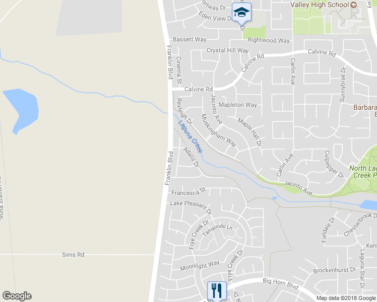 map of restaurants, bars, coffee shops, grocery stores, and more near 4949 Adalis Drive in Elk Grove