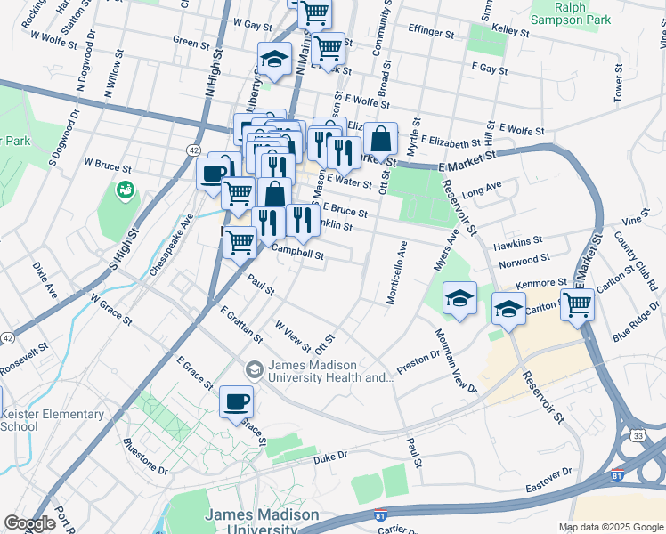 map of restaurants, bars, coffee shops, grocery stores, and more near 231 Campbell Street in Harrisonburg