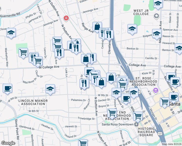 map of restaurants, bars, coffee shops, grocery stores, and more near 1058 North Dutton Avenue in Santa Rosa