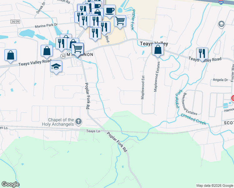 map of restaurants, bars, coffee shops, grocery stores, and more near 191 Maplewood Estates in Teays Valley