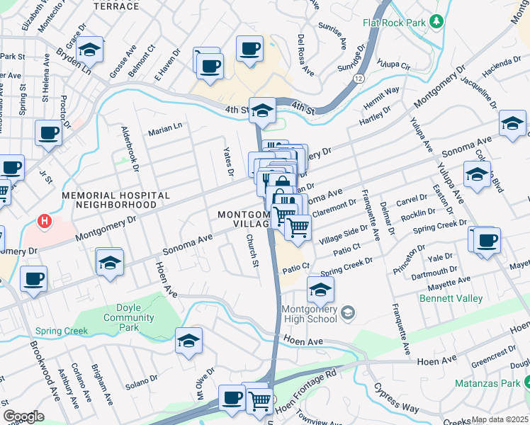 map of restaurants, bars, coffee shops, grocery stores, and more near 541 Farmers Lane in Santa Rosa