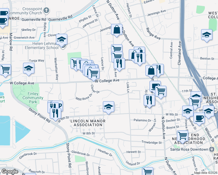 map of restaurants, bars, coffee shops, grocery stores, and more near 818 West College Avenue in Santa Rosa