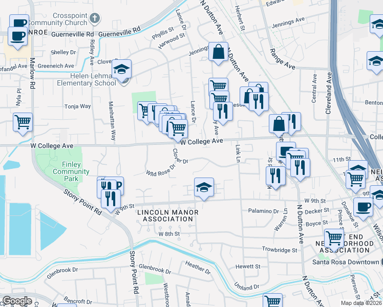 map of restaurants, bars, coffee shops, grocery stores, and more near 818 West College Avenue in Santa Rosa
