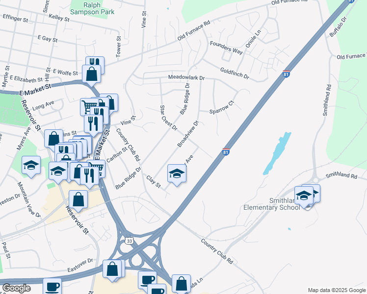 map of restaurants, bars, coffee shops, grocery stores, and more near 760 Broadview Dr in Harrisonburg