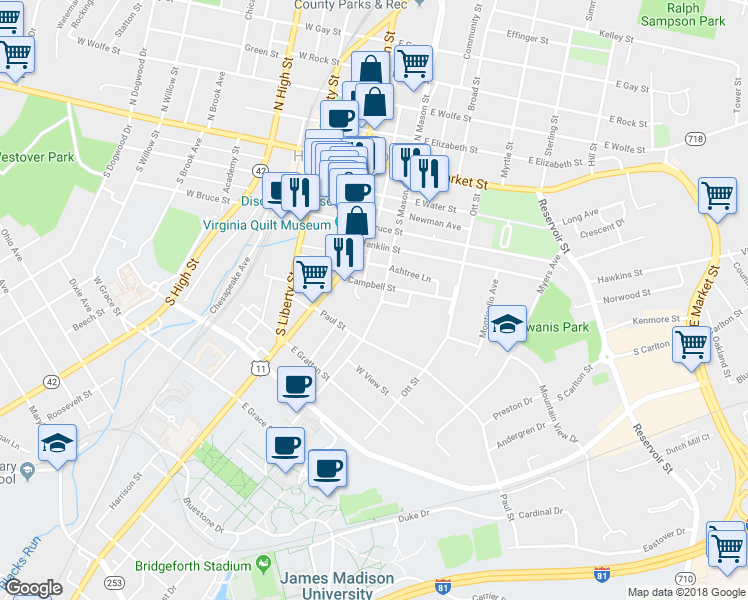 map of restaurants, bars, coffee shops, grocery stores, and more near 111 Campbell Street in Harrisonburg