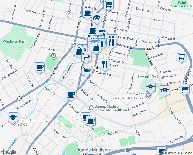 map of restaurants, bars, coffee shops, grocery stores, and more near 111 Campbell Street in Harrisonburg