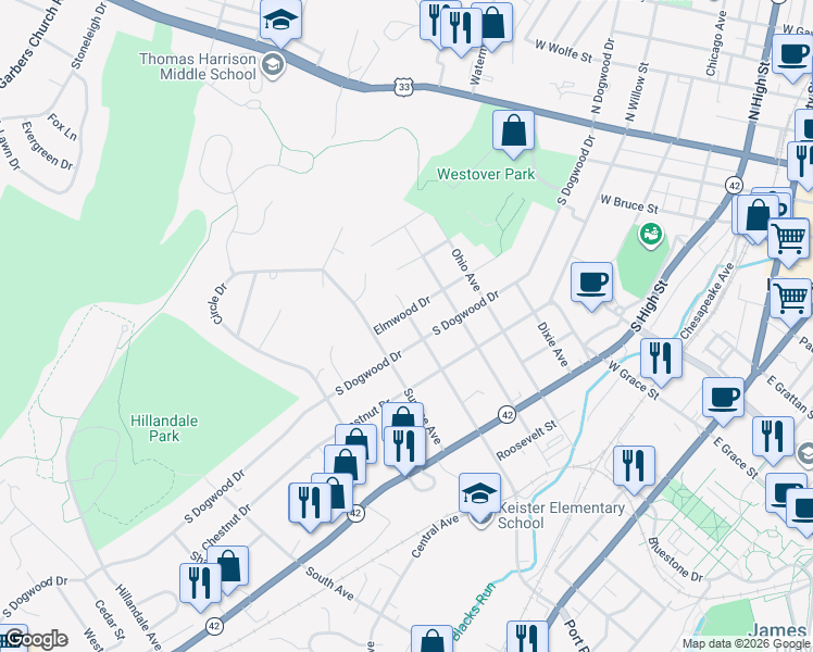 map of restaurants, bars, coffee shops, grocery stores, and more near 825 Elmwood Dr in Harrisonburg