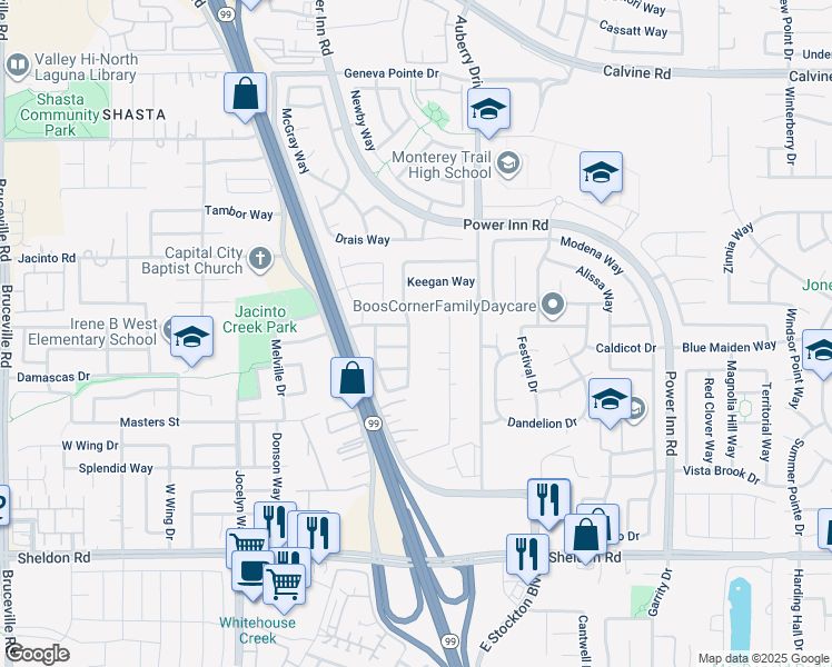 map of restaurants, bars, coffee shops, grocery stores, and more near 8609 Hawley Way in Elk Grove