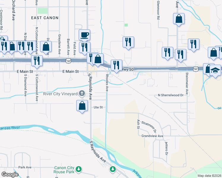 map of restaurants, bars, coffee shops, grocery stores, and more near 2906 Rhodes Avenue in Cañon City