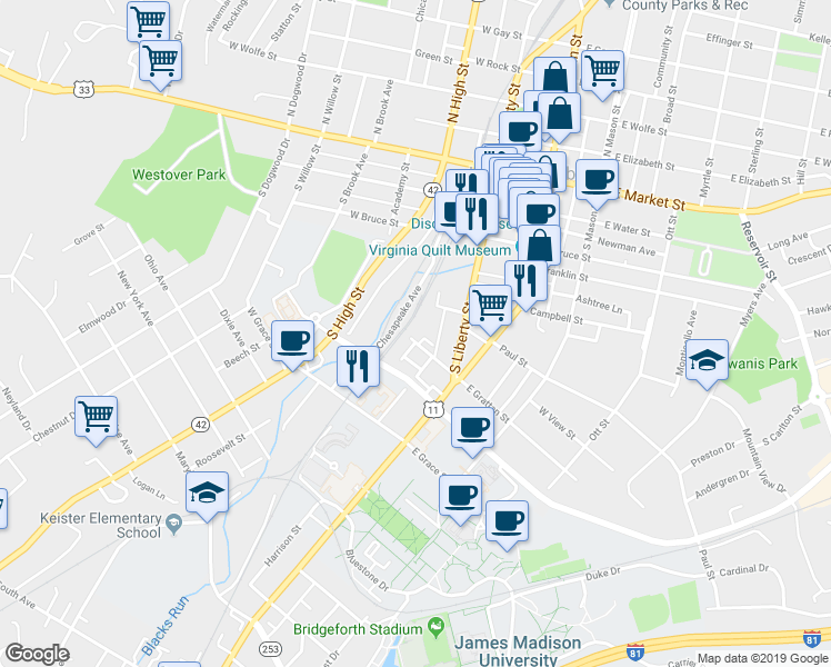 map of restaurants, bars, coffee shops, grocery stores, and more near 144 West Grattan Street in Harrisonburg
