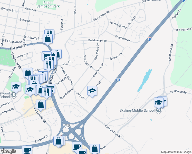 map of restaurants, bars, coffee shops, grocery stores, and more near 760 Broadview Dr in Harrisonburg