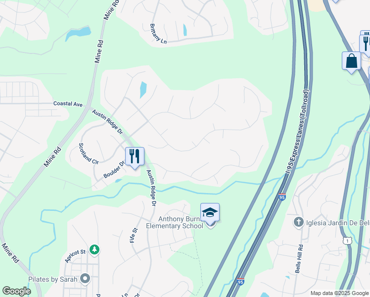 map of restaurants, bars, coffee shops, grocery stores, and more near 45 Brush Everard Court in Stafford