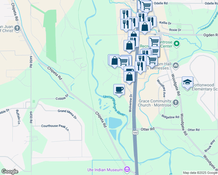 map of restaurants, bars, coffee shops, grocery stores, and more near 3400 South Rio Grande Avenue in Montrose