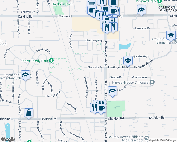 map of restaurants, bars, coffee shops, grocery stores, and more near 8668 Spring House Way in Elk Grove