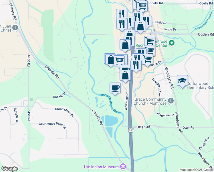 map of restaurants, bars, coffee shops, grocery stores, and more near 3400 South Rio Grande Avenue in Montrose