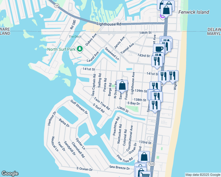 map of restaurants, bars, coffee shops, grocery stores, and more near 498 139th Street in Ocean City