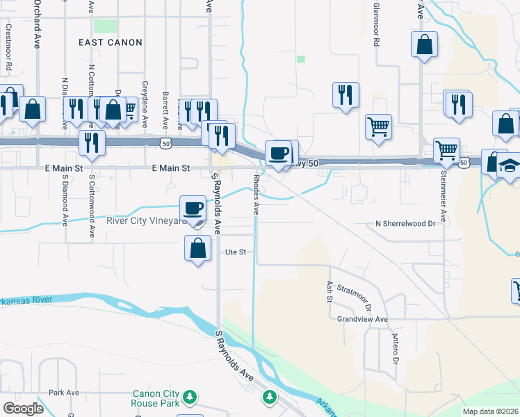 map of restaurants, bars, coffee shops, grocery stores, and more near 2906 Rhodes Avenue in Cañon City