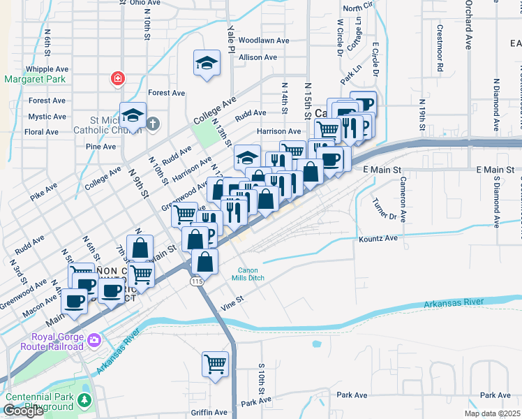 map of restaurants, bars, coffee shops, grocery stores, and more near 1216 Main St in Cañon City