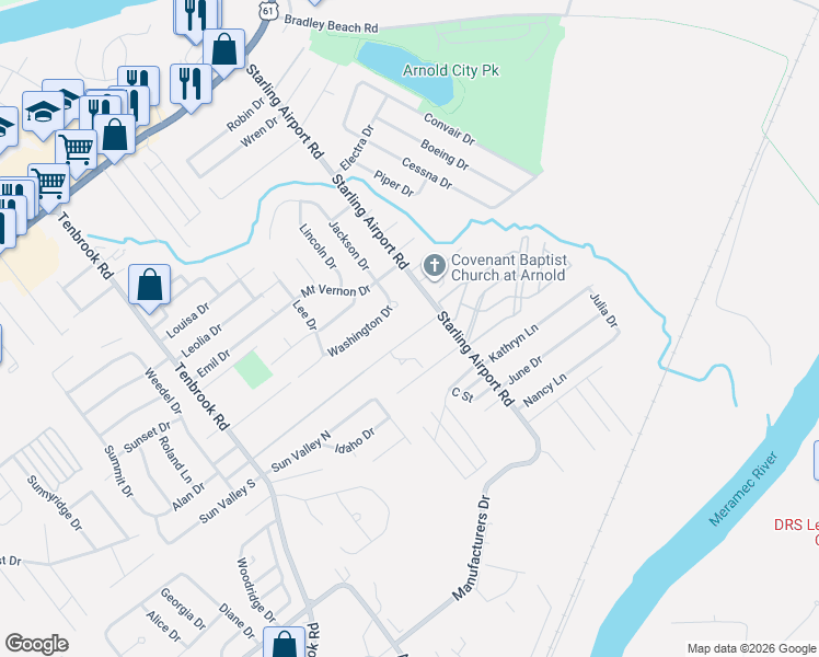 map of restaurants, bars, coffee shops, grocery stores, and more near 529 Christ Drive in Arnold