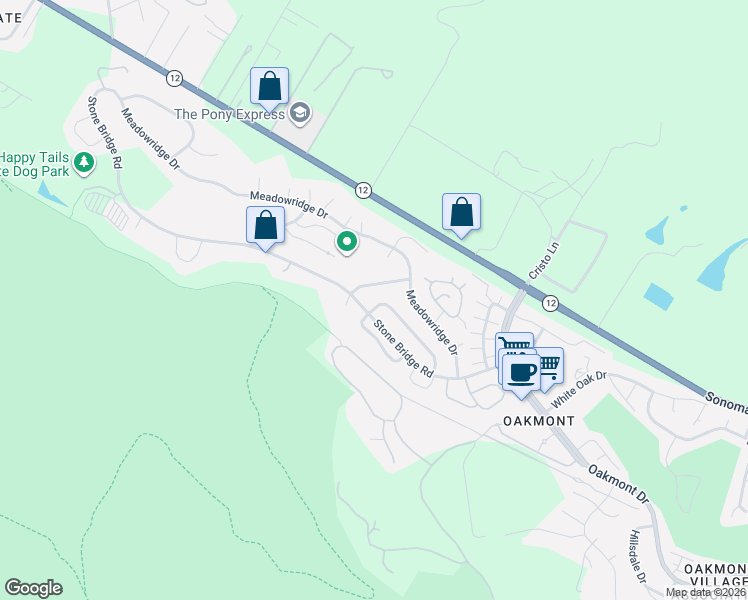 map of restaurants, bars, coffee shops, grocery stores, and more near 6412 Meadow Creek Lane in Santa Rosa